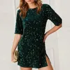 Party Dresses Sexig snörning Backless Hollow Dress Women Spring O-Neck Shiny Sequin A-Line 2024 Summer Short Sleeve Split Mini