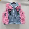 Waistcoats Women Diamonds Rivets denim Vest Mesh Patchwork ärmlös jacka paljetter med broderiblommor Pockets Puffy Streetwear Tank Tops