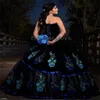 ゴージャスな黒いメキシコのキンシェネラドレス2024写真エレガントな青い花刺繍甘い16バースデーパーティーガウンsash vestidos de xv 15 anos robe de mariee