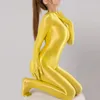 Raso lucido lucido Sexy Zentai Guanti da dito a maniche lunghe da donna Cerniera posteriore Tuta intera Collant di seta Catsuit 240301