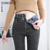 Frauen Jeans ZOENOVA Dicke Samt Frauen Hohe Taille Dünne 2024 Winter Warme Fleece Slim Stretch Damen Casual Denim Bleistift Hosen