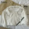 Shirt Vintage Borduren Lolita Shirts Vrouwen Zomer Japanse Peter Pan Kraag Katoen Linnen Blouse Vrouwelijke Casual Losse Korte Mouw Top