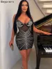 Jurk Beyprern Sparkle Doorzichtige mesh mini-jurk met kristallen studs Nieuwe chique bandjes Bodycon Pailletten Feestjurken Verjaardagsoutfits