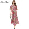 Klänning Moaayina Designer 2023 Summer Runway Dress Women Fjärilshylsa Hög midja Vintage Flower Print Pleated Party Dress