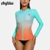 Roupa de banho feminina Anfilia manga comprida Rash Guard proteção solar zíper cor bloco gradiente maiô top