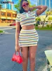 Work Dresses Weird Puss Women 2 Piece Set Knit Colorful Striped Sexy Short Sleeve Crop Tops Split Skirts Stretch Casual Matching Streetwear