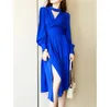 Casual Dresses 2024 Spring Blue Irregular Midi Dress Fashion Women Stand Collar Lantern Sleeve Lace Up Office Ladies High midje Vestidos