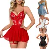 Divertido lingerie sexy feminino malha bordado oco para fora malha estilingue vestido de dormir conjunto trajes sexys mujer ligas vestido 240226