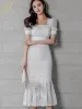 Suits H Han Queen Hot Sale Women Fashion Lace 2 Pieces Set Short Top + Vintage Mermaid Skirt Korean Elegant White Simple Skirts Suits