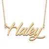 Collier avec pendentif avec nom Haley pour femmes, cadeaux pour petite amie, plaque signalétique personnalisée pour enfants, meilleurs amis, bijoux en acier inoxydable plaqué or 18 carats