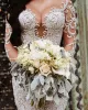 Vestidos de noiva luxuosos sexy árabes sereia com miçangas bordados vestidos de noiva com decote transparente mangas compridas vestidos de casamento