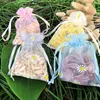 50pcs 10x14 13x18 16x23CM Sacs en organza imprimés marguerites Sacs d'emballage de bijoux Décoration de fête de mariage Sac à cordon Pochettes cadeaux 240301