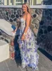 Tierred Ruffles Flower Print Sling Maxi Dress Fashion bohe ärmlös kroppskonvestidos kvinnlig ny strandsemester lång mantel