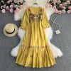 Dress Autumn Women Long Sleeve Dress Vintage Floral Embroidery White Holiday Beach Long Dresses Vestidos Summer