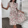 Klänning rose blomma tryck midi klänning sommar damer elegant kort ärmstativ stativ krage sashes vestidos kvinnor trend mode en linje klänningar