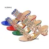 2022 Trend Summer Elegant Fashion Women Casual Thick with Sandals Peep-toe Beach Shoes Rhinestone Chunky Mid Heels Blue Slippers