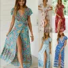 Ubierz nas kobiety Summer Boho Vneck Floral Long Slit Dress Party Cocktail Beach Sundress
