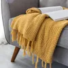 130X170CM Nordic Pure Color Knitted Blanket Blue Mustard Yellow Soft Tassel Sofa Blanket Rug Home Decoration Leisure Blankets 240229