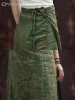 Юбка OriGoods Женская летняя длинная юбка с зеленым принтом из натуральной ткани Ramie Тонкие классные юбки в японском китайском стиле Оригинальная милая юбка B174
