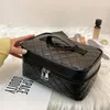 Cosmetic Bags Black Plaid Square Makeup Bag Large Capacity Soft Leather Texture Storage Women's Fashion Simple Style Solid Handbag