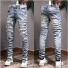 Мужские джинсы с дизайнерскими нашивками в байкерском стиле, мужские тонкие мотоциклетные модные винтажные джинсовые брюки с потертостями 240305
