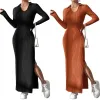 Elbise Kadınlar Yürütüllü Salon Bodycon Elbise V Boyun Yumuşak Örgü Sıska Elbise Sıradan Düz Renk İnce Uygun Tığ işi Uzun Elbise Gidiş için
