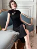 Dress Retro Maxi Dresses for Women 2023 Chinese Style Cheongsam Dress Feather Black Hollow Cut Out Split Party Robe Femme Prom Vestido