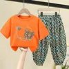 Conjuntos de roupas verão bebê menino meninas roupas criança algodão coração impressão t-shirts calças terno dos desenhos animados urso topo e botão conjunto crianças loungewear