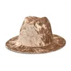 Berets Unisex Golden Velvet Wool Felt Jazz Fedora Hats Men Women Wide Brim Solid Color Single Side Panama Trilby Cap Wholesale