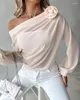 Women's T Shirts For Color Solid Blouses 2024 Spring Summer Rose Detail Ruched Skew Neck Long Sleeve Chiffon Elegant Sexy Top