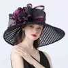 Women 16cm Wide Brim Flower Mesh Sun Hat Lady Bow Summer Beach Church Derby Dress Fascinator Bridal Party Wedding 210608303Q