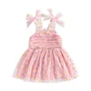 Girl Dresses Kids Sling Sleeveless Off Shoulder Tulle Floral Casual Party Street Princess Dress