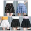 skirt elastic waist tiered swing floral chiffon black white pleated skirts womens kawaii japanese school girl mini skirt skorts C458