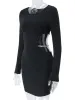 Dress Sexy Waist Hollowed Mini Dress Sexy Black Long Sleeves Slim Dresses 2023 Elegant Women Metal Chain Decoration Vestidos