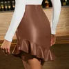 Faldas Minifalda de viaje de cintura alta de cuero sintético con ribete de volantes para mujer Color sólido Slim Fit ropa informal corta