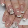 Kunstnagels 24 Stuks Korte Vierkante Eenvoudige Franse Fake Druk Op Fl Er Nail Tips Afneembare Diy Manicure Drop levering Dhqfm