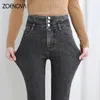 Frauen Jeans ZOENOVA Dicke Samt Frauen Hohe Taille Dünne 2024 Winter Warme Fleece Slim Stretch Damen Casual Denim Bleistift Hosen