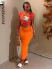 Rok BOOFEENAA Ruche Elastische Hoge Taille Maxi Rokken voor Vrouw Zomerkleding Casual Sexy Lange Rok Oranje Zwart Resort Wear C85BB19