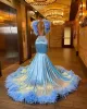 Gitter Blue Mested Mermaid Prom Dress مع ريش العظماء العاكس للحزب