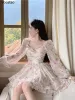 Sukienka Summer Sweet Vneck Floral Szyfonowa sukienka Kobiety Eleganckie długie rękawowe marszczenia imprezowe mini sukienki żeńskie koreańskie szczupłe slim vestidos