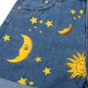 Shorts Fashion Moon Sun Print Lose Fit Dżinsowe spodenki dla kobiet 2022 Summer New Hemming Blue Boyfriend Style Krótkie spodnie