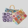 Bohemian Granny Square Staw Handbags Casual Paper Woven Bamboo Handle Women Hand Bags Handmade Summe Beach Bag Large Tote Purse 240221