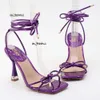 Sexig 9cm strappy High Women Summer Bow Tie Purple Stripper klackar spetsar Gladiator Sandaler Promskor plus storlek 42