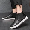 Chaussures vulcanisées noires pour hommes, baskets montantes avec boucle en métal marron à enfiler, en cuir Pu, mocassins de taille 38 à 46