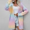 Outono vintage cardigans inverno feminino camisola bolsos arco-íris tie-dye meados de comprimento cardigan camisola de malha jaqueta 240227