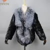 Pele 2023 venda quente inverno real genuíno natural casaco de pele de coelho com gola de pele de raposa meninas moda jaqueta de pele outwear