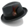 Gierig Rand Hoeden Vrouwen mannen Feminino Vilt Fedora Hoed Voor Lady Winter Herfst Wol Oprollen Homburg Jazz Feather1241Z