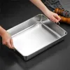 Stainless Steel Rectangular Baking Tray Food Barbecue Bakeware Fruit Bread Storage Plate with Handle Deep Pan Dish Kitchen Tools 240226