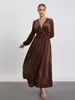 Casual Dresses Women's Fall Velvet Dress Long Sleeve Deep V Neck Solid Color A-Line Vintage Flowy