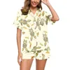 Kvinnors sömnkläder Silk Satin Pyjamas Set Fashion Easter Print Homewear Wid Down Collar 2 Piece Shirt Top and Shorts Pyjama Set